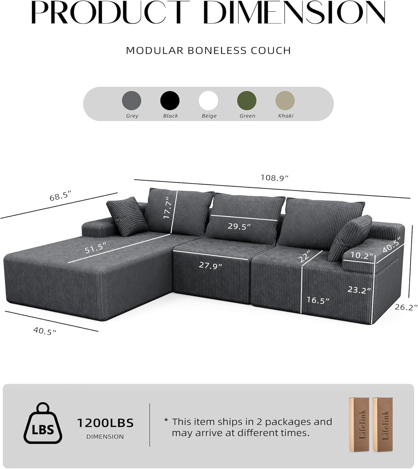 Lifelink 108" Boneless Couch L-Shaped Modular Sectional: Couches for Living Room - Cloud Sofa with Deep Seat High Back - Oversized Left Facing Chaise - No Assembly Required - Grey