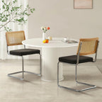 Rattan Back Linen Dining Chair Set of 6 Modern Stainless Chrome Base Armless Upholstered Side Chair for Dining Room, Kitchen Island,Black