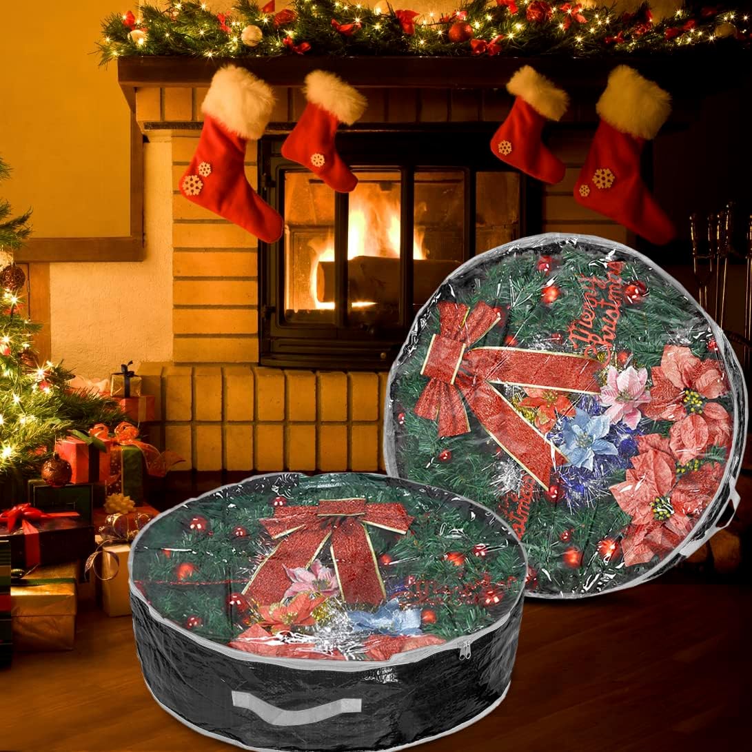 Propik Christmas Wreath Storage Bag 36" - Garland Holiday Container with Clear Window - Tear Resistant Fabric - 2 Pack (36 Inch, Black)
