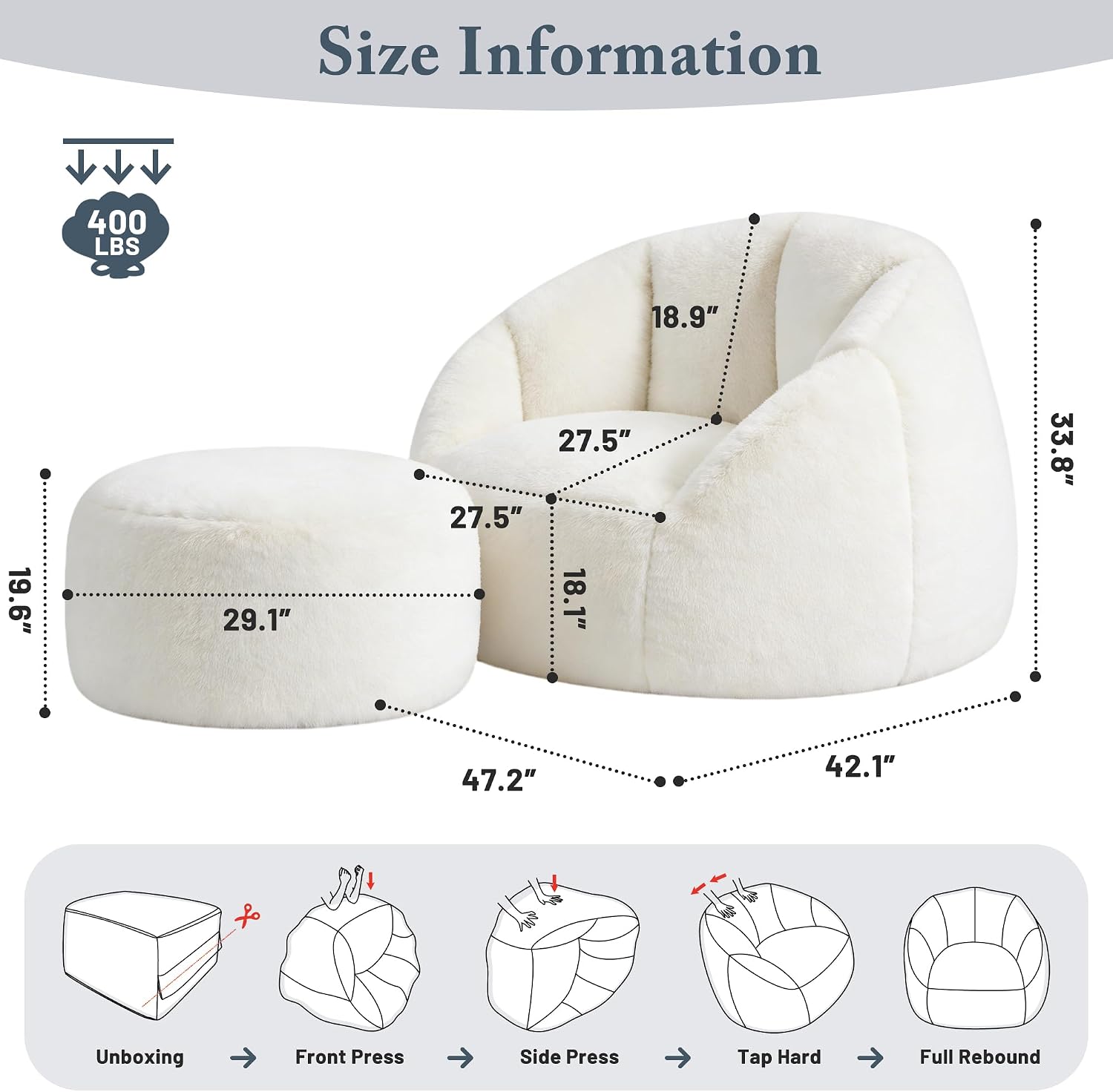 Oversized Bean Bag Chair with Footstool for Adults, Giant Fuzzy Accent Reading Chair with Ottoman Pouf, Lounge Chair Chaise Indoor, Faux Fur Round Large Floor Sofa Couch for Game, Beige