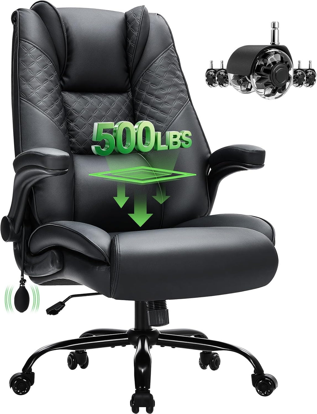 500lbs Big and Tall Office Chair with Inflatable Lumbar Support, Rubber Wheels Executive Chair with Rocking Function, High Back Wide Cushion Leather Ergonomic Computer Desk Chair for All-Day Sitting