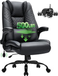 500lbs Big and Tall Office Chair with Inflatable Lumbar Support, Rubber Wheels Executive Chair with Rocking Function, High Back Wide Cushion Leather Ergonomic Computer Desk Chair for All-Day Sitting