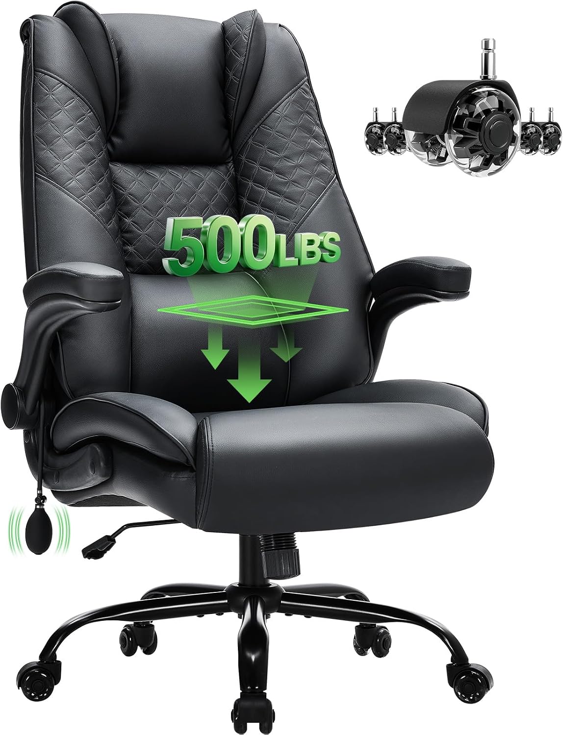 500lbs Big and Tall Office Chair with Inflatable Lumbar Support, Rubber Wheels Executive Chair with Rocking Function, High Back Wide Cushion Leather Ergonomic Computer Desk Chair for All-Day Sitting