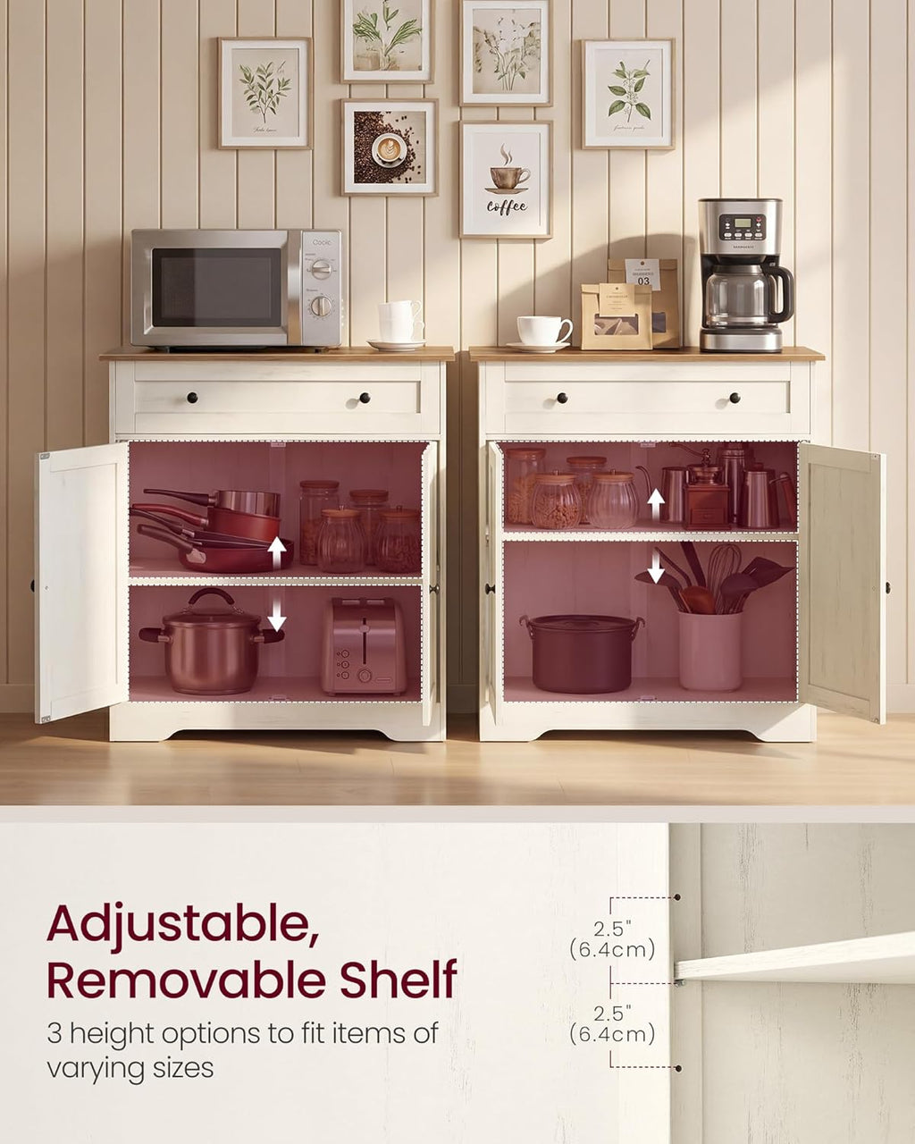 VASAGLE Siren Collection - Buffet Cabinet, Farmhouse Coffee Bar Cabinet with Drawer,Adjustable Shelf, Double Doors, Sideboard, 15.8 x 28.4 x 31.5 Inches, Rustic White and Honey Brown ULSC521WJ01S