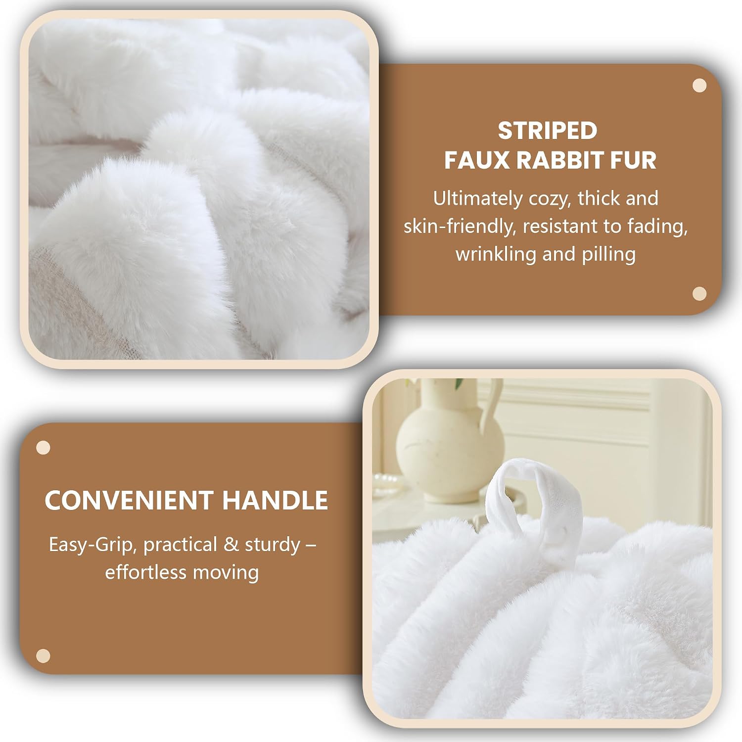 MEGO Fluffy Faux Rabbit Fur Bean Bag Chair Cover(No Filler), Soft Plush Fuzzy Striped Stuffed Animal Storage Bean Bag, 3FT Large Furry Ribbed Beanbag Cover for Bedroom Living Room, Anti-Slip, White