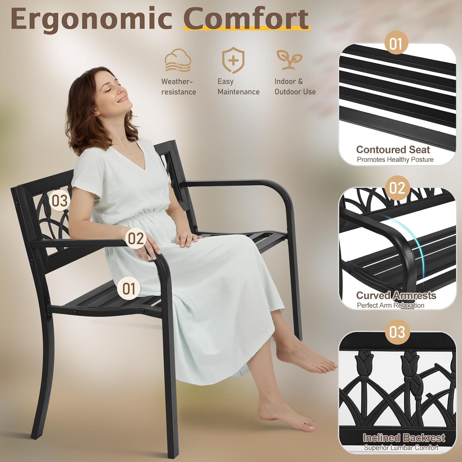 VINGLI Outdoor Metal Bench w/PVC Back - All Weather Resistant Black Garden Patio Bench for Entryway Front Porch Entryway Decor Deck (Black, Tulip)