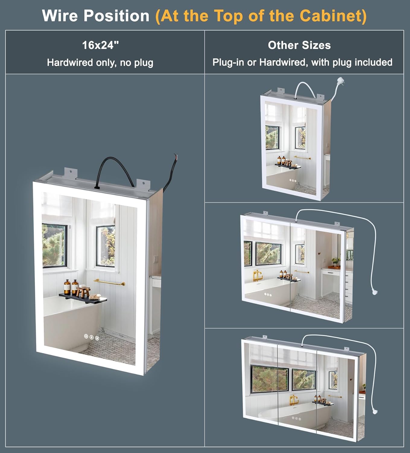 24x30 Inch Lighted Medicine Cabinet with Mirror, AL Alloy Frame, Plug-in or Hardwired, Recessed or Surface Mount, 3 Colors/Dimmable/Interior Sensor Light/Defog, 2 Outlets & USBs, 2 Shelves