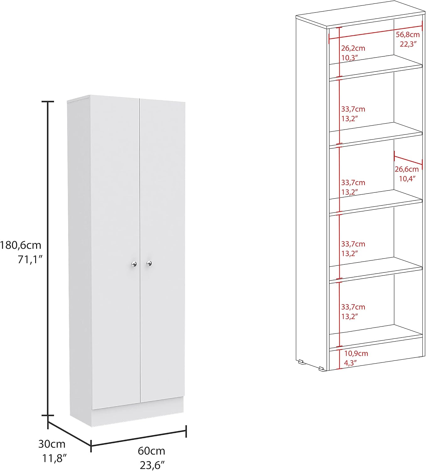 CIATRE Multistorage Pantry Cabinet, 5-Shelf Double Door Storage Organizer – White Particle Board, Slim Design for Kitchen/Laundry Room