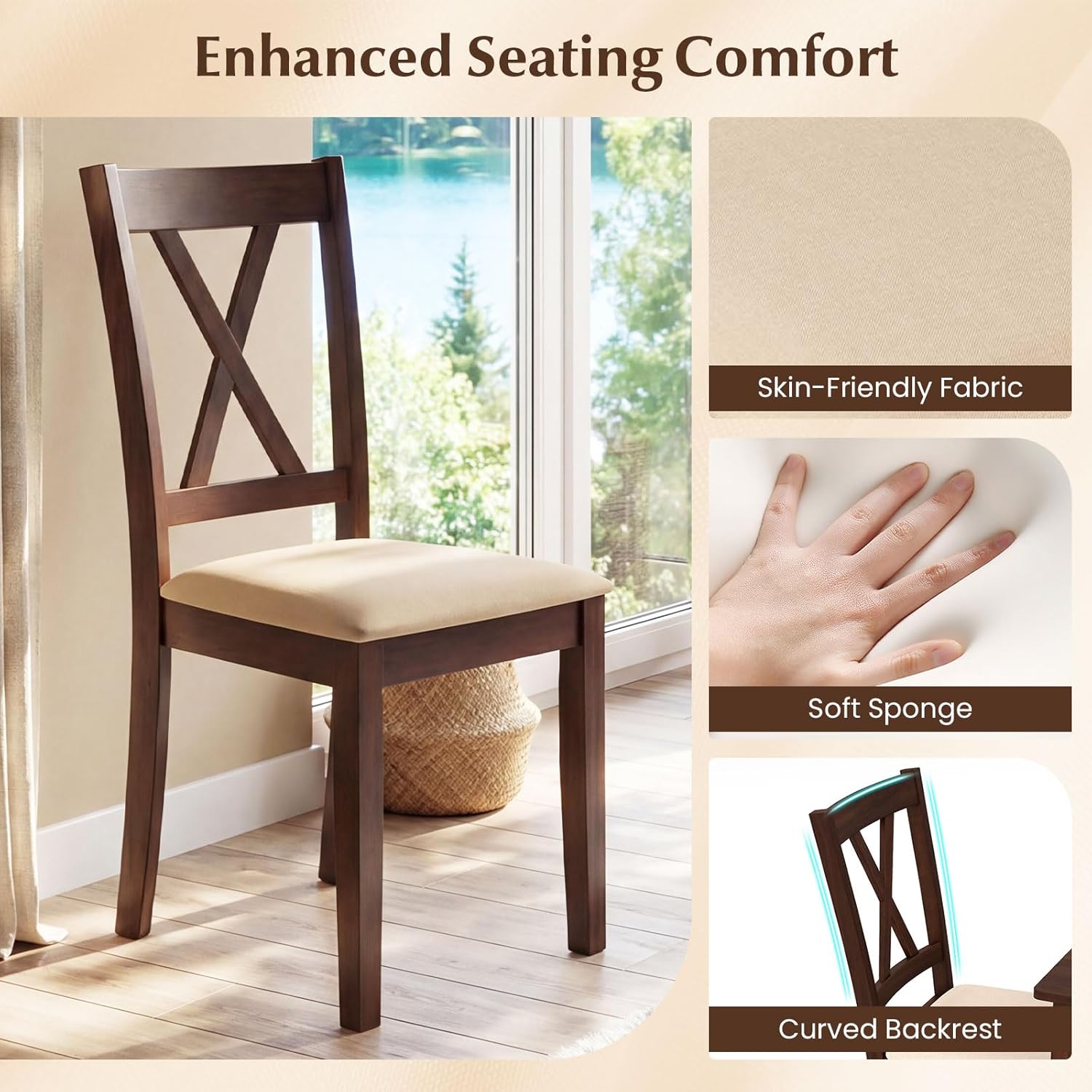 Giantex Wooden Dining Chairs Set of 4, Upholstered Kitchen Chair with Solid Rubber Wood Frame, Curved Backrest & Padded Wide Seat, Modern Farmhouse Dining Room Chairs for Living Room, Restaurant