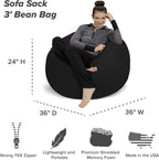 Sofa Sack Bean Bag Chair - Plush, Ultra Soft - Memory Foam Bean Bag Chair with Microsuede Cover - Stuffed Foam Filled Furniture and Accessories for Dorm Room 3 Feet - Black