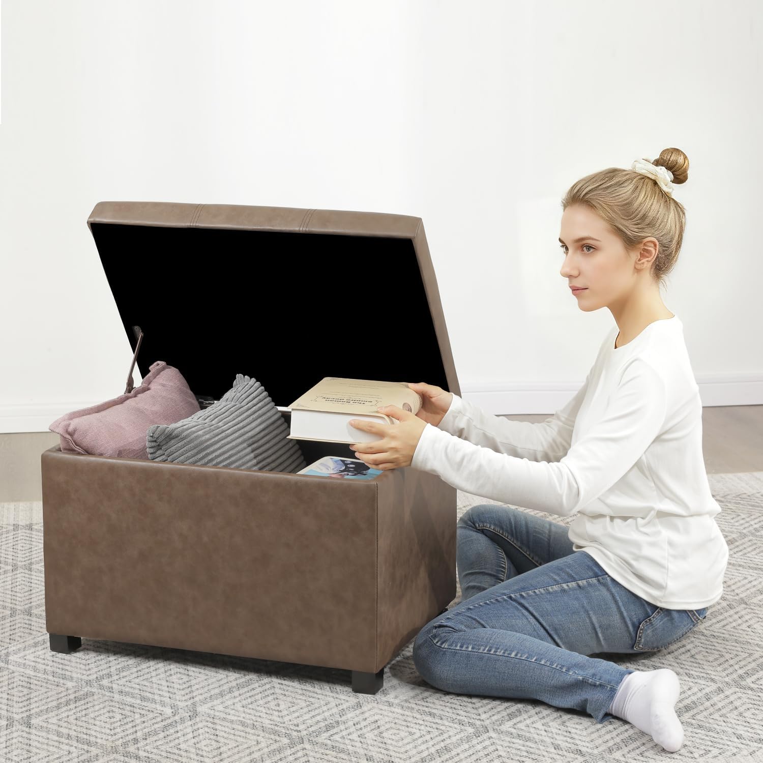 Joveco 24" Leather Storage Ottoman Bench, Rectangle Foot Rest Stool for Living Room, Bedroom, Entryway, Earthy Light Brown Veining