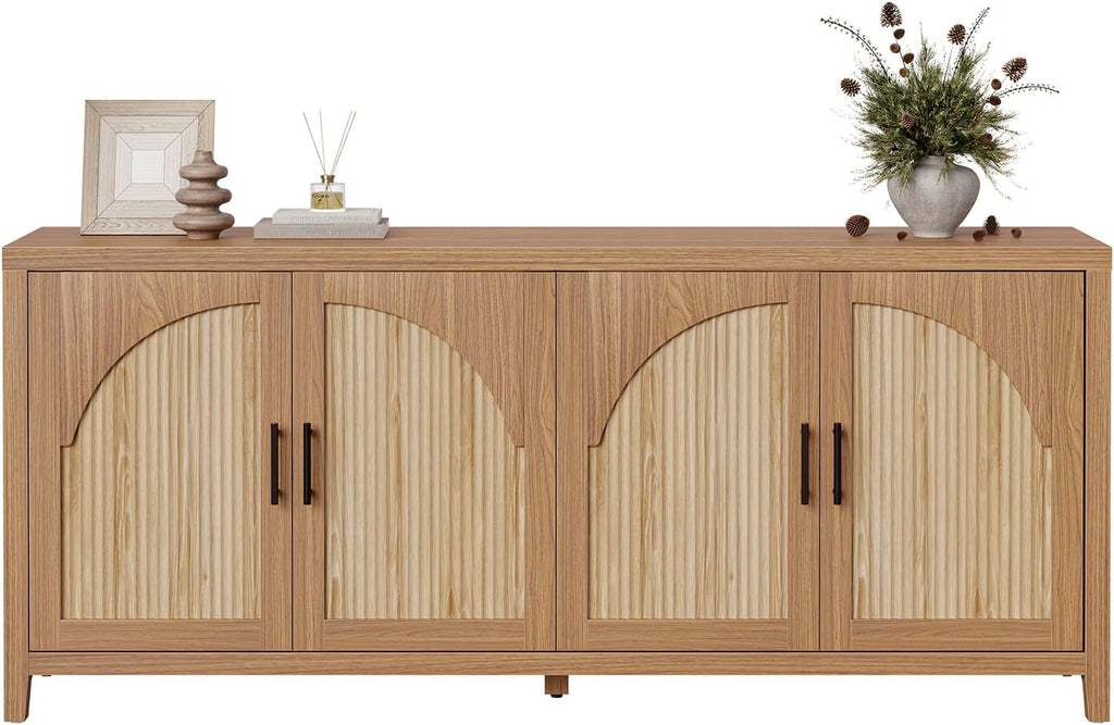 Bestier 70" Sideboard Buffet Cabinet with Storage, Boho Credenza Storage Cabinet, Farmhouse Arch Fluted Doors & Adjustable Shelves, Wood Long Buffet Cabinet for Living Room, Entryway, English Oak
