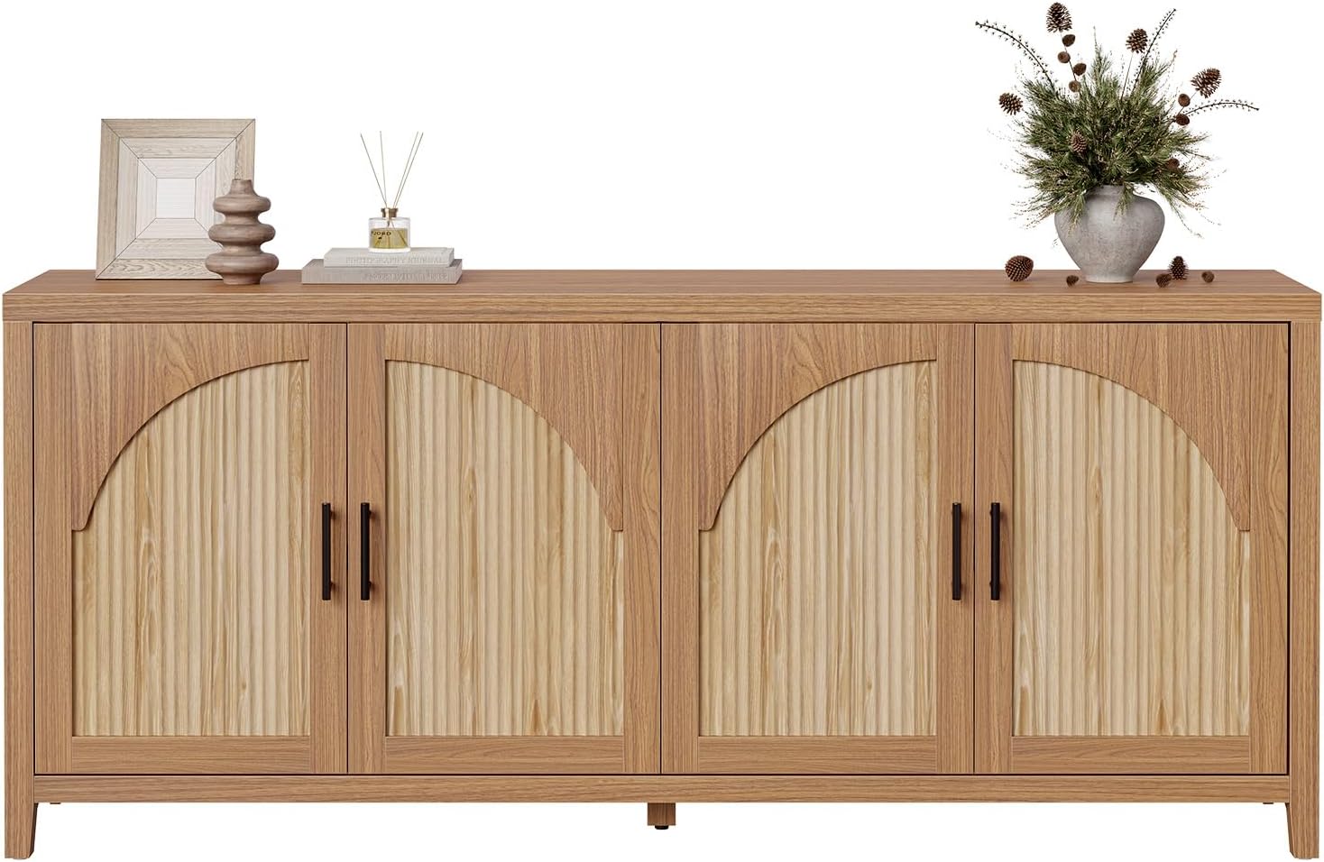Bestier 70" Sideboard Buffet Cabinet with Storage, Boho Credenza Storage Cabinet, Farmhouse Arch Fluted Doors & Adjustable Shelves, Wood Long Buffet Cabinet for Living Room, Entryway, English Oak