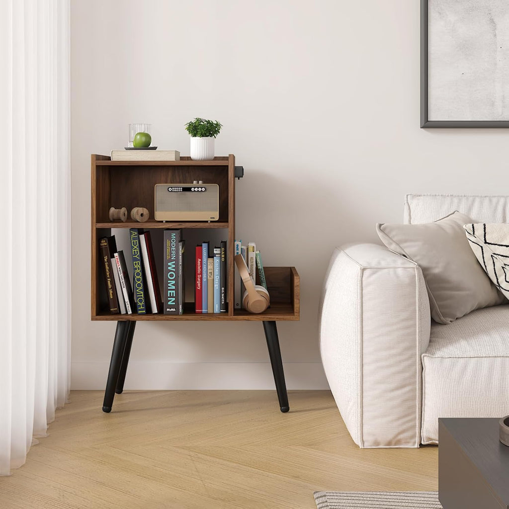 HedoAjim End Table with Charging Station, Narrow Side Table, Nightstand with shelfs, Slim Sofa Side Table, for Small Spaces, Living Room, Bedroom, Drak Walnut
