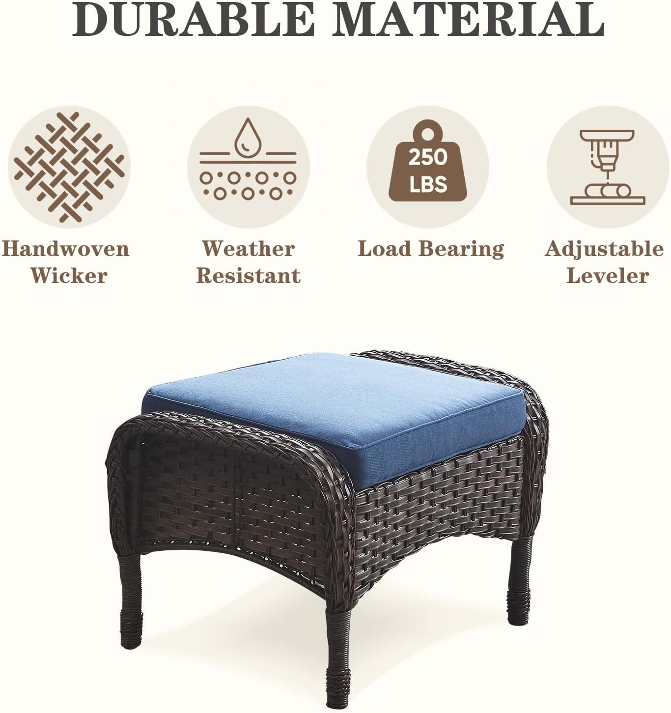 Belord Outdoor Ottomans for Patio Foot Rest - 25 Inch PE Wicker Foot Stool Set of 2 with Removable Cushions for Patio Furniture Sets,All Weather Rattan Ottoman for Balcony Deck Backyard Brown