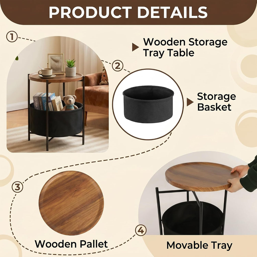 danpinera Round Side Table, Folding Round Metal End Table Small Nightstand with Basket for Bedroom Living Room Bedside Small Spaces Walnut