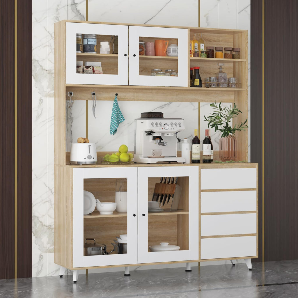 74.8" H Kitchen Pantry with Hutch, Microwave Stand & Hooks, Modern Large Cupboard Storage Cabinet with Glass Doors, 6 Shelves & 4 Drawers for Kitchen Dining Room, White & Brown