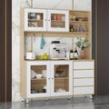 74.8" H Kitchen Pantry with Hutch, Microwave Stand & Hooks, Modern Large Cupboard Storage Cabinet with Glass Doors, 6 Shelves & 4 Drawers for Kitchen Dining Room, White & Brown