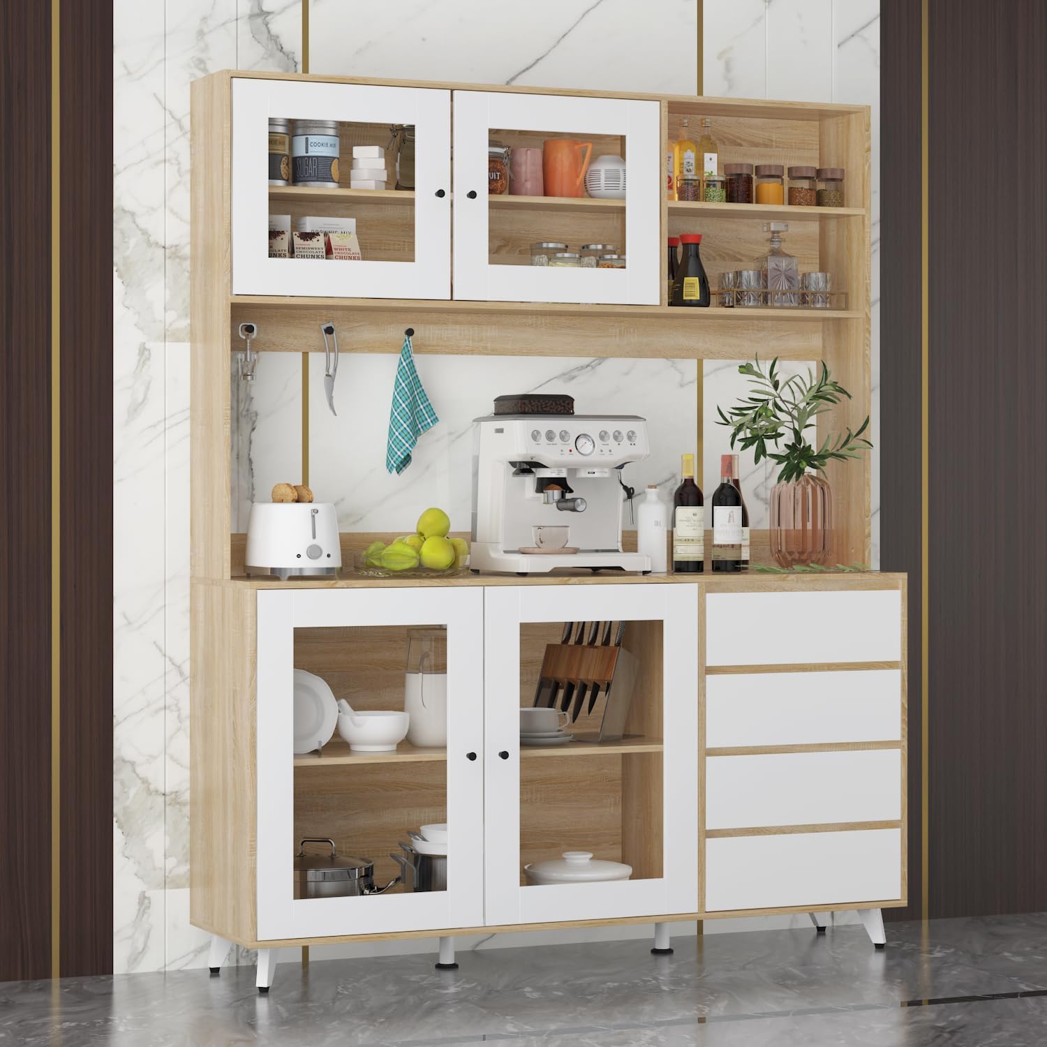 74.8" H Kitchen Pantry with Hutch, Microwave Stand & Hooks, Modern Large Cupboard Storage Cabinet with Glass Doors, 6 Shelves & 4 Drawers for Kitchen Dining Room, White & Brown