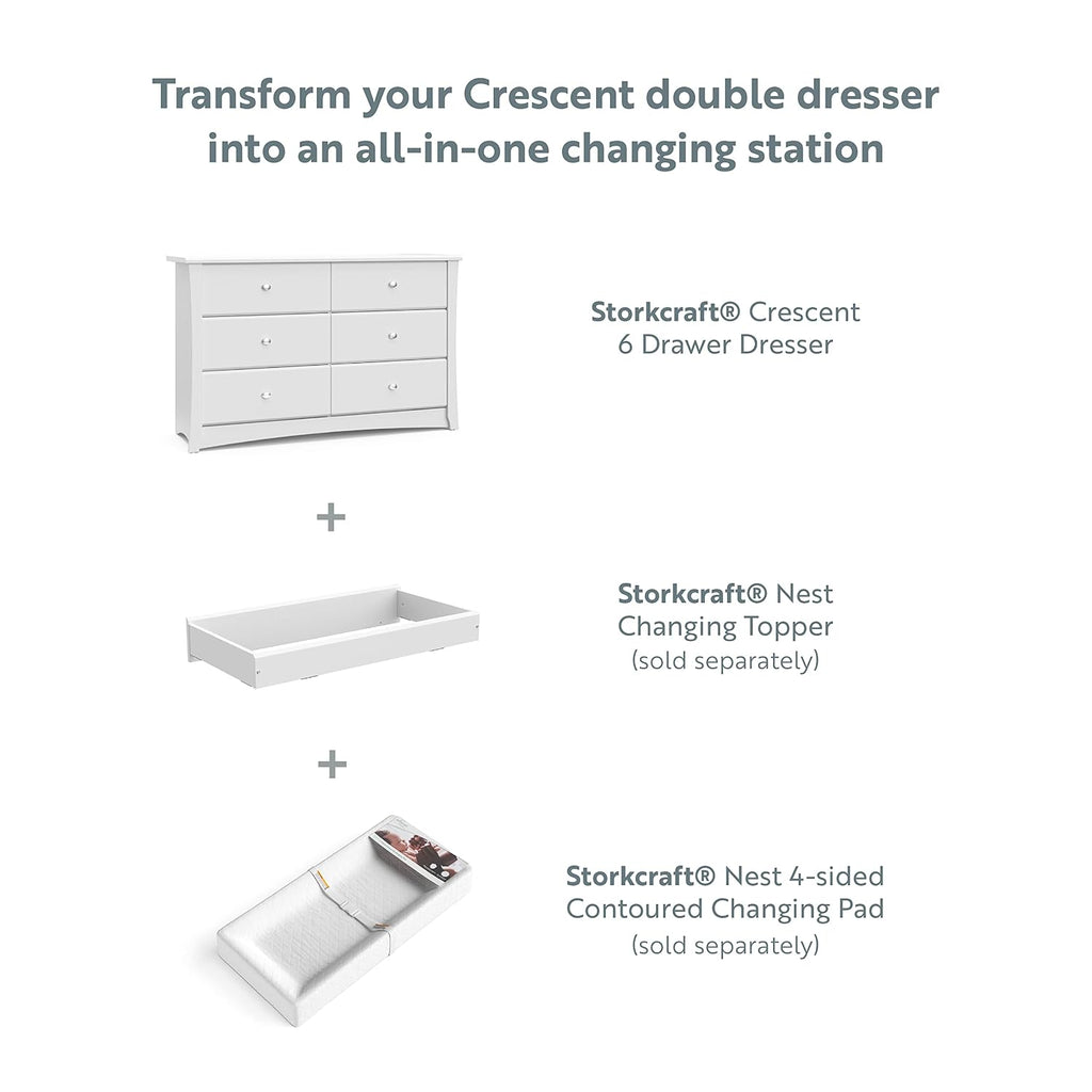 Storkcraft Crescent 6-Drawer Dresser, White | GREENGUARD Gold Certified, White Dresser for Bedroom, Kids & Nursery Storage Chest, Safety Interlocking Drawers, Kids Bedroom