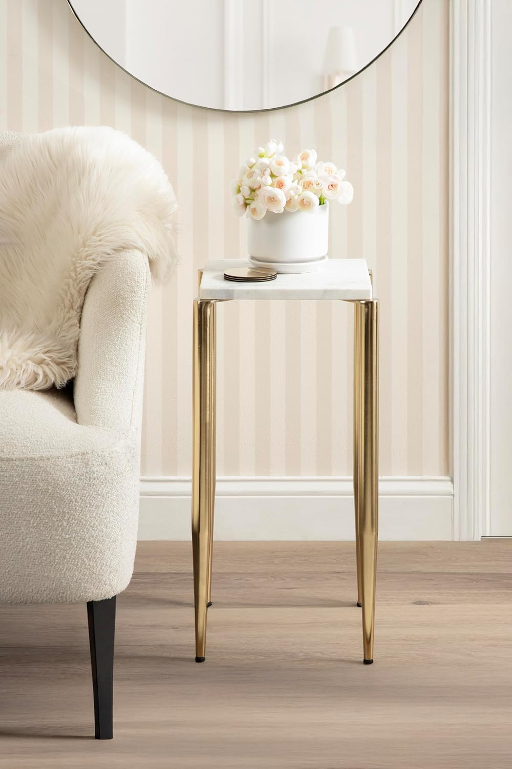 Kate and Laurel Lemaire Modern Square Marble Drink Table, 12 x 12 x 24, White Marble and Gold, Natural Marble Martini Table for Use as Small Plant Stand or Mini Nightstand