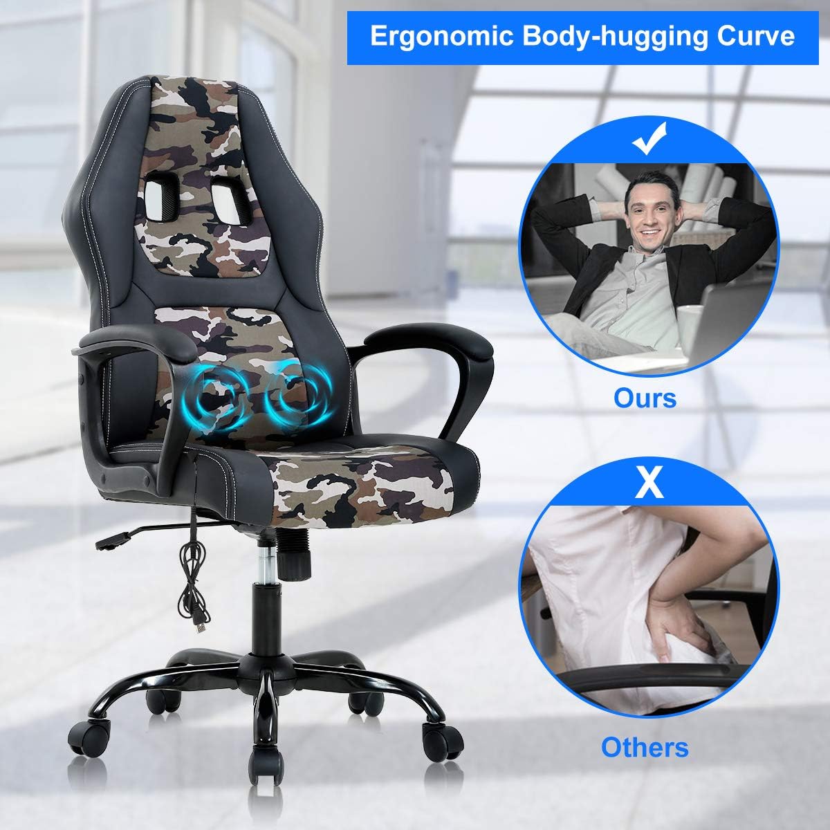 Office Chair Gaming Chair Desk Chair Ergonomic High Back Massage Computer Chair with Lumbar Support & Comfort Armrest PU Leather Rolling Task Racing PC Swivel Executive Chair for Men Women, Camo