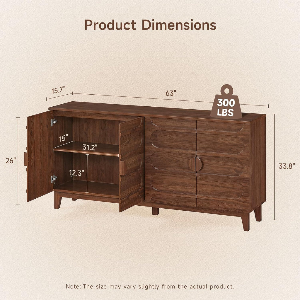 ONBRILL 63" Sideboard Buffet Cabinet with Storage, Large Buffet Cabinet with 4 Circular Panel Design Doors and Adjustable Shelves, Modern Sideboard for Living Room, Kitchen (Walnut)