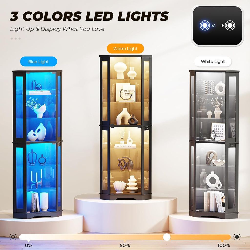 BROTTAR 71" Corner Display Cabinet with Glass Doors, 6 Tier Curio Cabinet with 3 LED Lights & Glass Shelves, Human Body Sensor, Showcase Display Case for Collectibles, Black