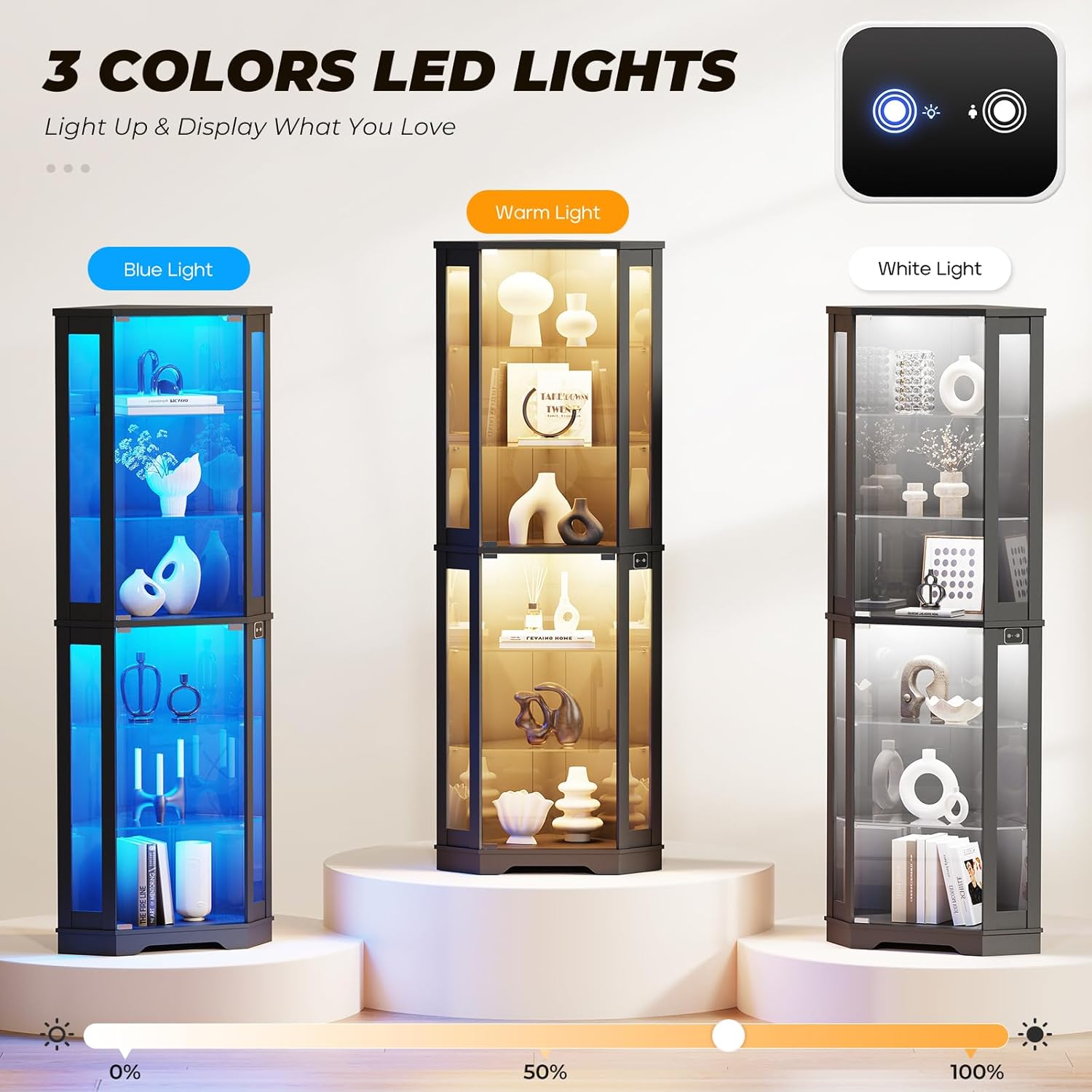 BROTTAR 71" Corner Display Cabinet with Glass Doors, 6 Tier Curio Cabinet with 3 LED Lights & Glass Shelves, Human Body Sensor, Showcase Display Case for Collectibles, Black