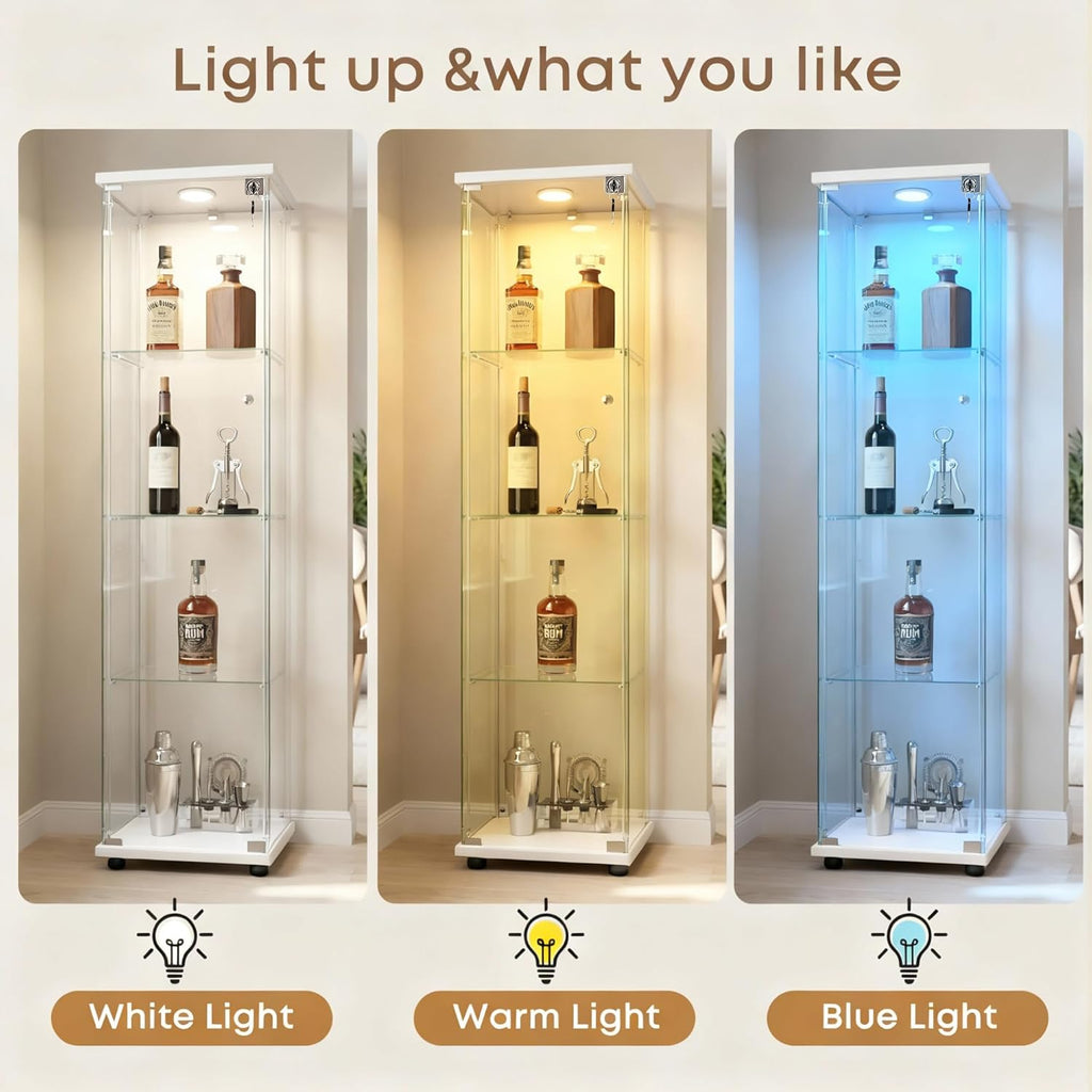 Display Cabinet with Glass Door and LED Light, 4-Shelf Glass Display Case, Curio Cabinet for Collectibles/Toys/Books,White 64.6" H X 13.6" W X 15.7" L