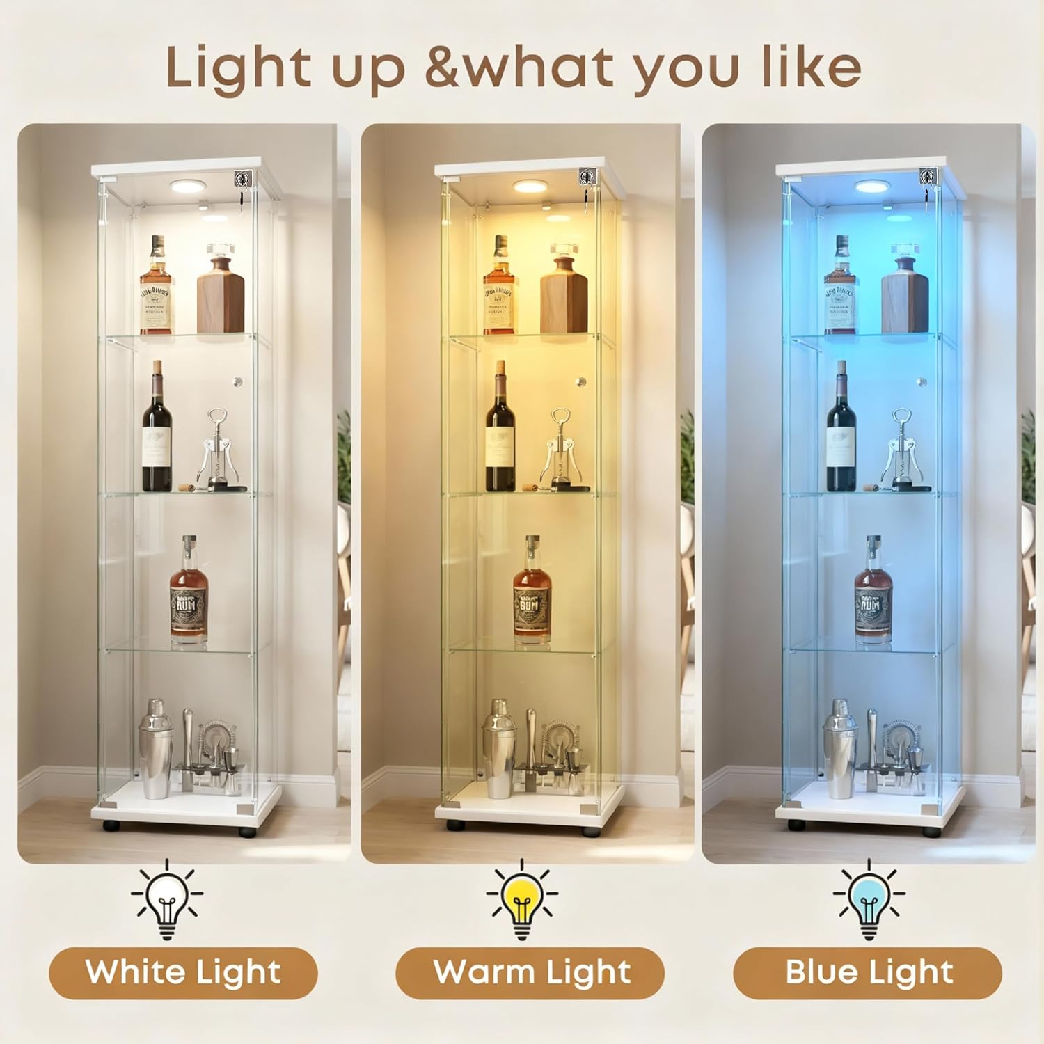 Display Cabinet with Glass Door and LED Light, 4-Shelf Glass Display Case, Curio Cabinet for Collectibles/Toys/Books,White 64.6" H X 13.6" W X 15.7" L