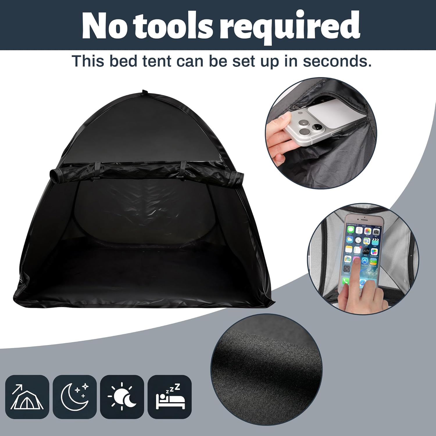 Blackout Bed Tent for Adults — Light-Blocking Sleep Bed Tent, Portable Privacy Shade for Night-Shift Workers, Dorm & Travel, Fits Queen Pillow, Mesh Vents, Indoor
