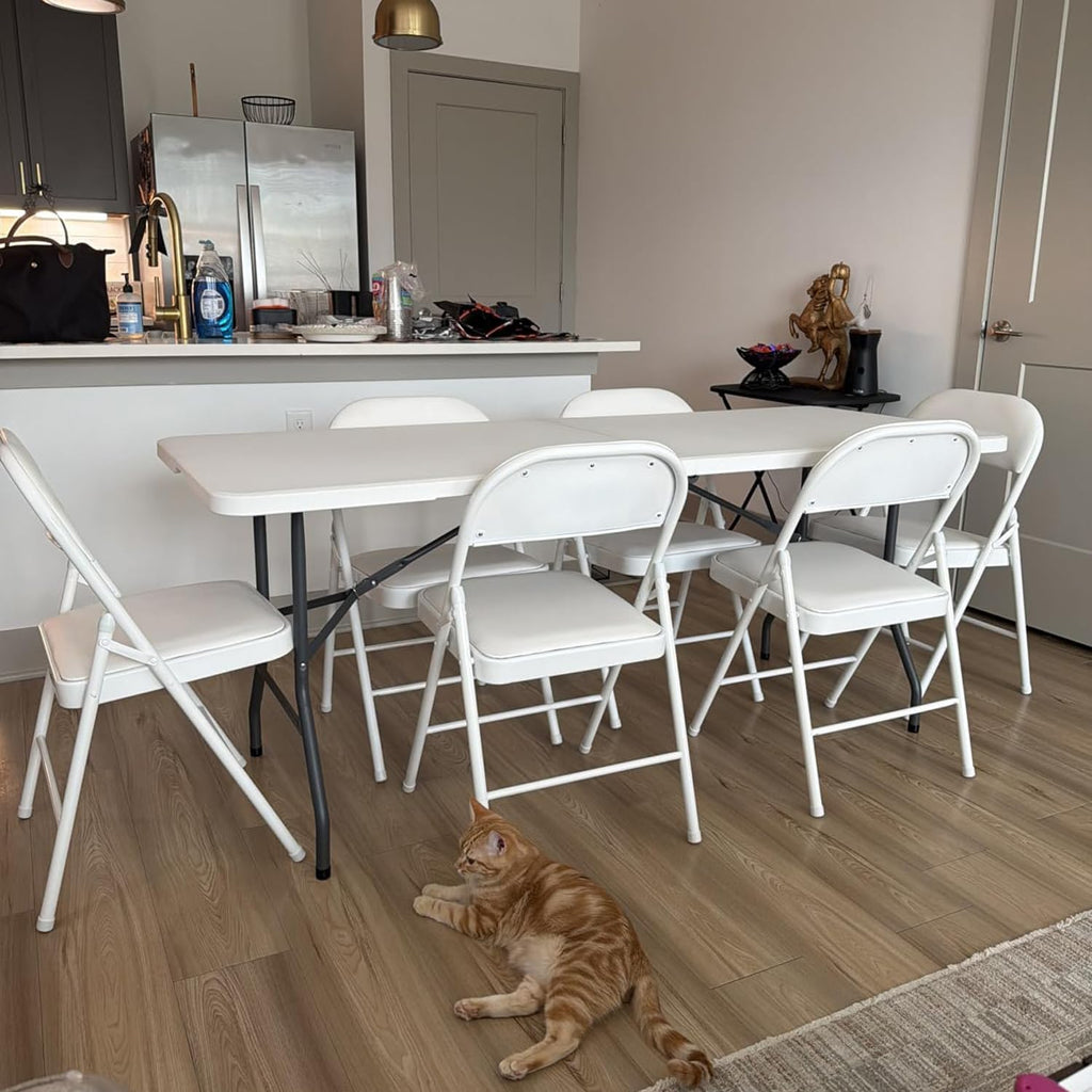 6FT Folding Table, Portable Fold-in-Half Plastic Utility Table with Carrying Handle, Heavy Duty Indoor Outdoor Dining Picnic Camping Party Table, Waterproof & Scratch Resistant, White