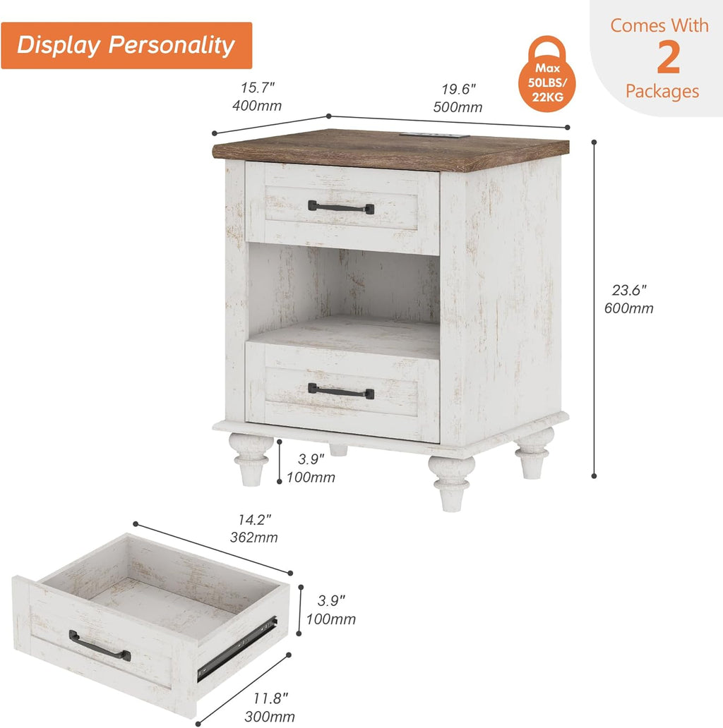 WAMPAT Set of 2 End Tables Nightstands with Charging Station, Sofa Side Tables for Living Room with Drawers & Shelf, Farmhouse Night Stand Wooden Bedside Table for Bedroom, Antique White