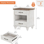 WAMPAT Set of 2 End Tables Nightstands with Charging Station, Sofa Side Tables for Living Room with Drawers & Shelf, Farmhouse Night Stand Wooden Bedside Table for Bedroom, Antique White