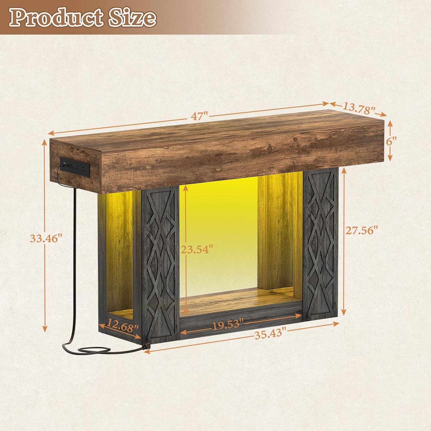 Unikito 47" Console Table with Outlets & LED Lights, Farmhouse Entryway Table with Unique Geometric Pattern, Sofa Table Behind Couch with 2-Tier Storage for Living Room, Hallway, Foyer, Grey & Brown