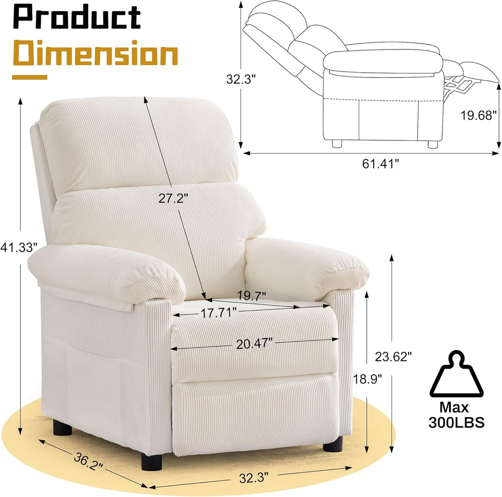 Korser Recliner Chair, Living Room Recliner Chairs for Adults, Small Recliners for Small Spaces, Upholstered Manual Reading Chair with Side Pockets, Nursery Chair for Living Room, Corduroy, Beige