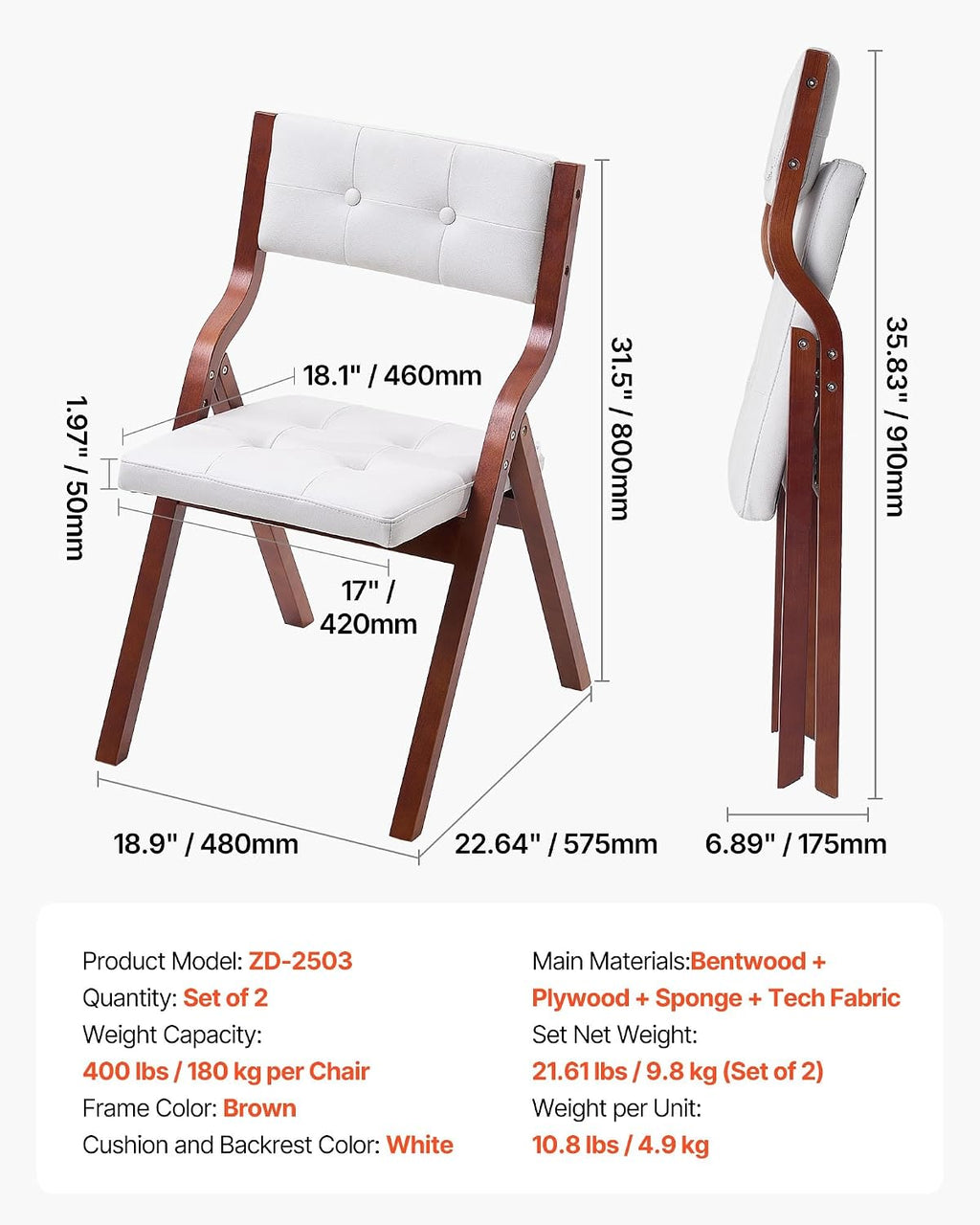 VEVOR Wooden Folding Chairs with Cushion, Set of 2, Portable Foldable Cushion Chair with Wooden Frame, Modern Padded Dining Chair for Kitchen, Office, Wedding, Party, Dining Room, Easy Assembly, White