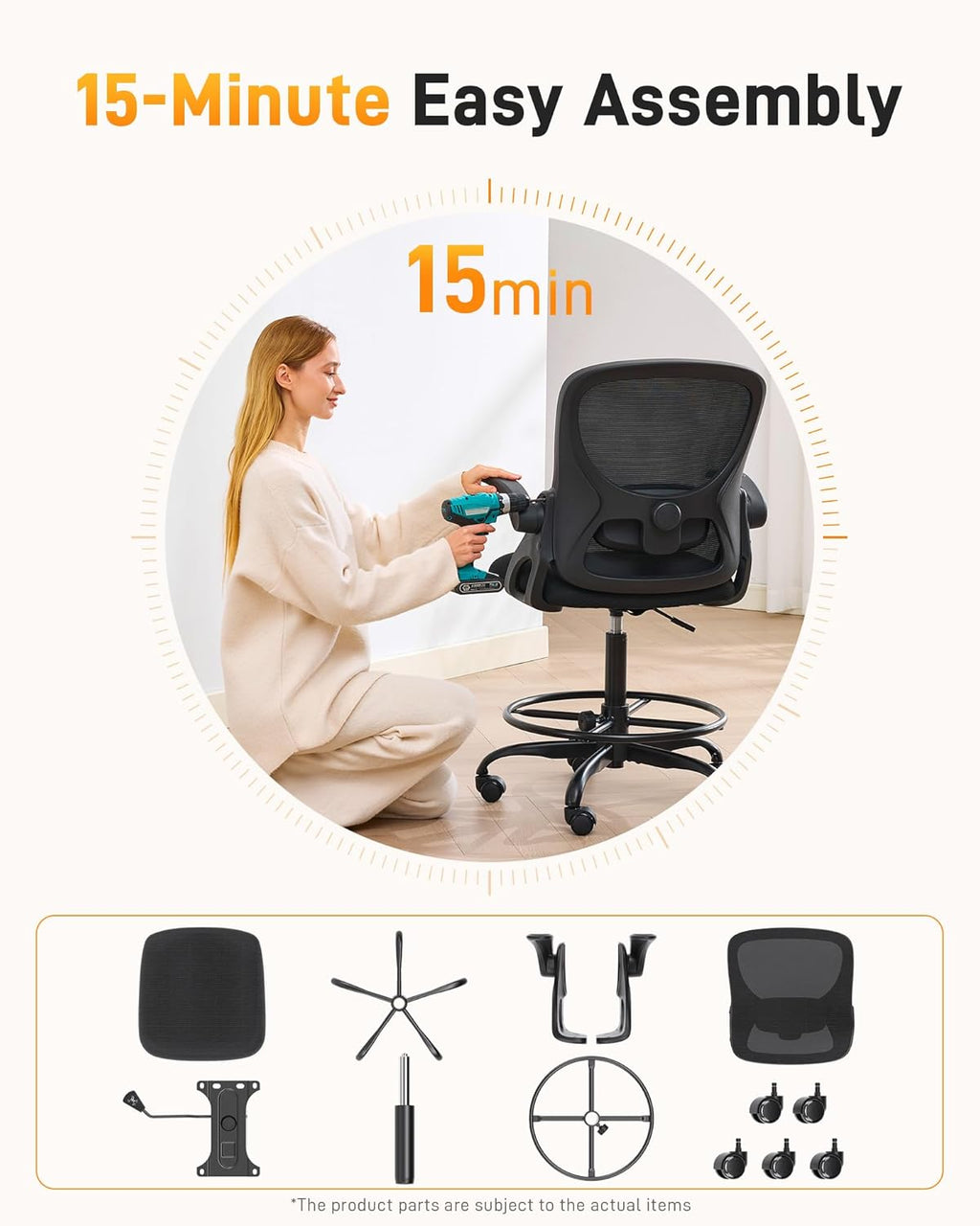 LukkDys Drafting Chair with 4D Multi-Adjustable Backrest, Tall Office Chair 19.7"-27.6" Seat Height, Ergonomic Standing Desk Chair with Flip-up Arms, Foot Ring, Black
