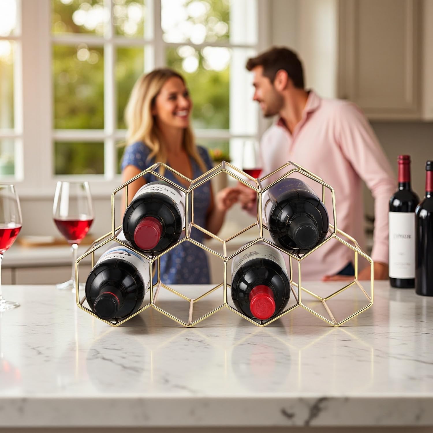 Buruis 9-Bottle Countertop Wine Rack, Honeycomb Metal Wine Holder, Gold | No Assembly Required, Space-Saving Wine Storage, Kitchen Bar Organizer, Red & White Wine Display, Modern Home Decor