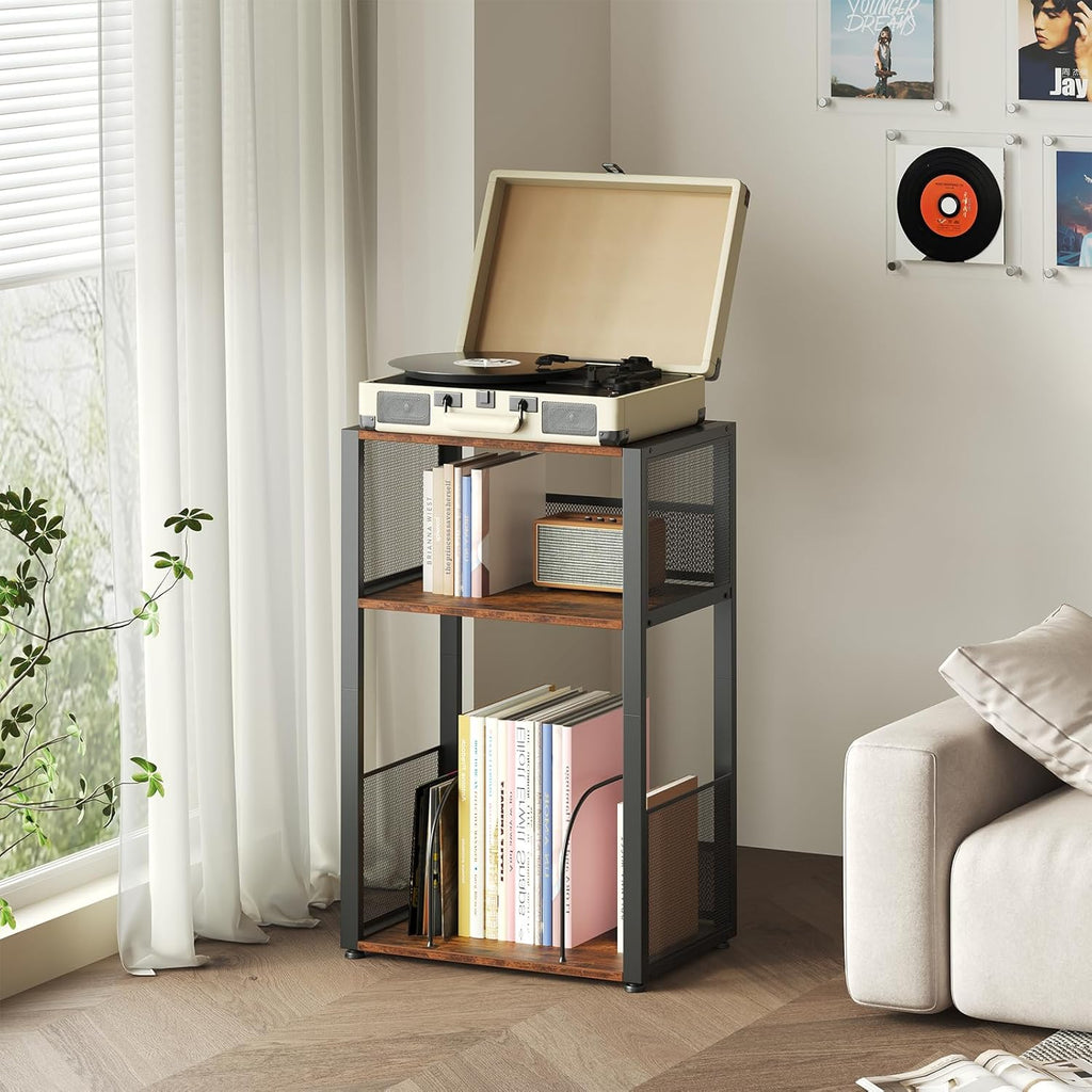 DUMOS 3 Tier Side Table, 1 Pack Record Player Stand with Storage Up to 100 Albums, Turntable Stand for Vinyl, Records Shelf for Living Room Bedroom Brown