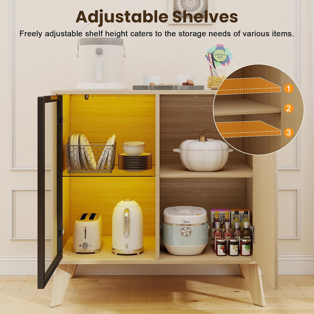Fluted Buffet Cabinet with Storage, Small Coffee bar Cabinet with Adjustable Shelf for Kitchen, Wood Buffet Cabinet Sideborad with Glass Door, Buffet Storage Cabinets for Living Room