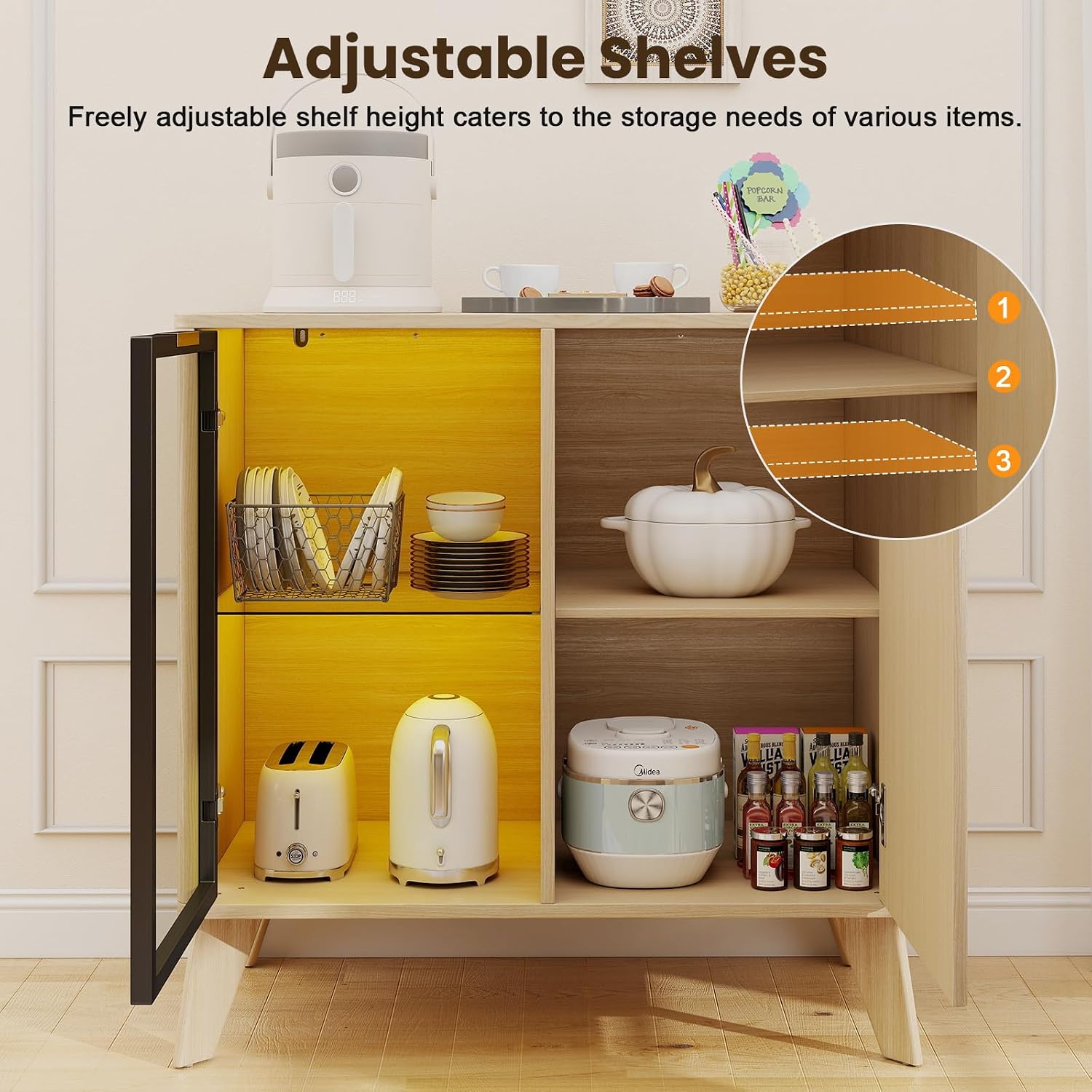 Fluted Buffet Cabinet with Storage, Small Coffee bar Cabinet with Adjustable Shelf for Kitchen, Wood Buffet Cabinet Sideborad with Glass Door, Buffet Storage Cabinets for Living Room