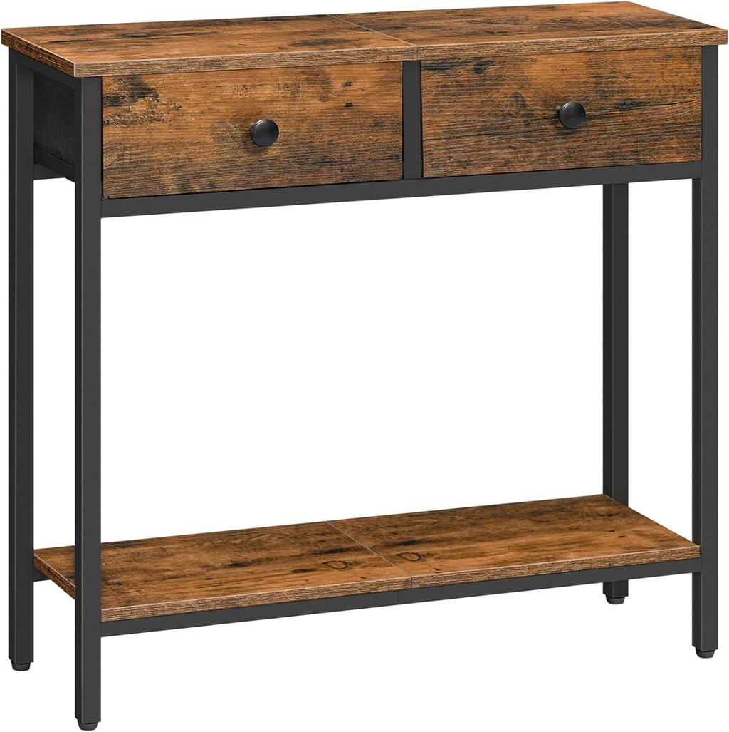HOOBRO 29.5" Narrow Console Table with 2 Fabric Drawers, Small Entryway Table with 2-Tier Storage Shelves, Sofa Table, Behind Couch Table, for Living Room, Hallway, Rustic Brown and Black BF71XG01