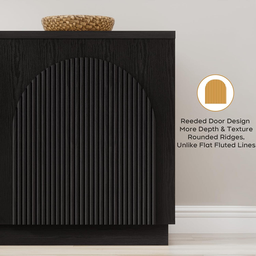 Yechen 55" Black Fluted Sideboard Buffet Cabinet with Arched Reeded Doors, Modern Mid Century Credenza Accent Storage Cabinet with Adjustable Shelves for Living, Kitchen, Entryway