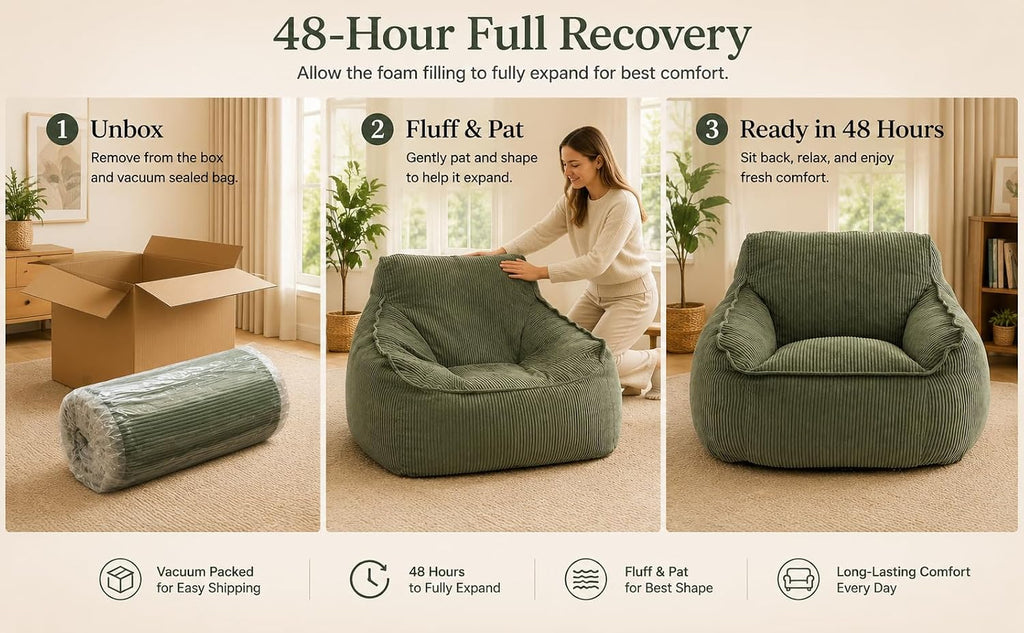 Bean Bag Chair for Adults and Kids with Armrests, High Back Corduroy Lounge Chair, Oversized Supportive Floor Sofa for Living Room, Bedroom, Dorm (Green)