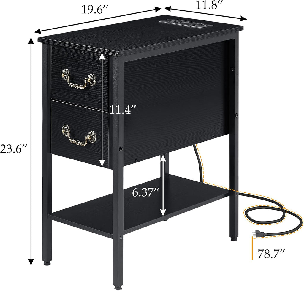VECELO End Tables Set of 2,Narrow Nightstands with Charging Station & USB Ports & 2 Drawers,Skinny Side Table for Bedroom, Living Room,Black