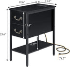 VECELO End Tables Set of 2,Narrow Nightstands with Charging Station & USB Ports & 2 Drawers,Skinny Side Table for Bedroom, Living Room,Black