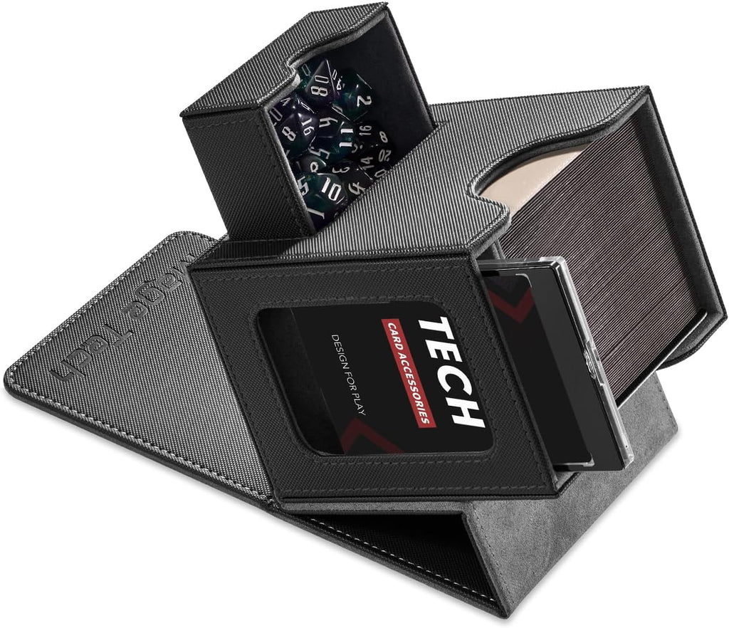 Mage Tech Card Deck Box for MTG Commander - Patented Design, Commander Display, Fits 100 Double-Sleeved Cards, 35pt Card Brick & Dice Tray - Black/Gray