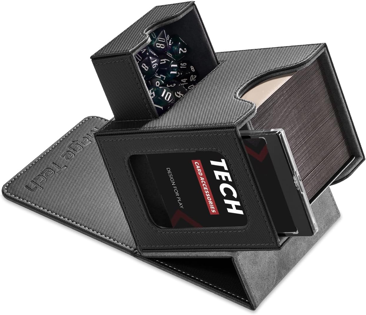 Mage Tech Card Deck Box for MTG Commander - Patented Design, Commander Display, Fits 100 Double-Sleeved Cards, 35pt Card Brick & Dice Tray - Black/Gray